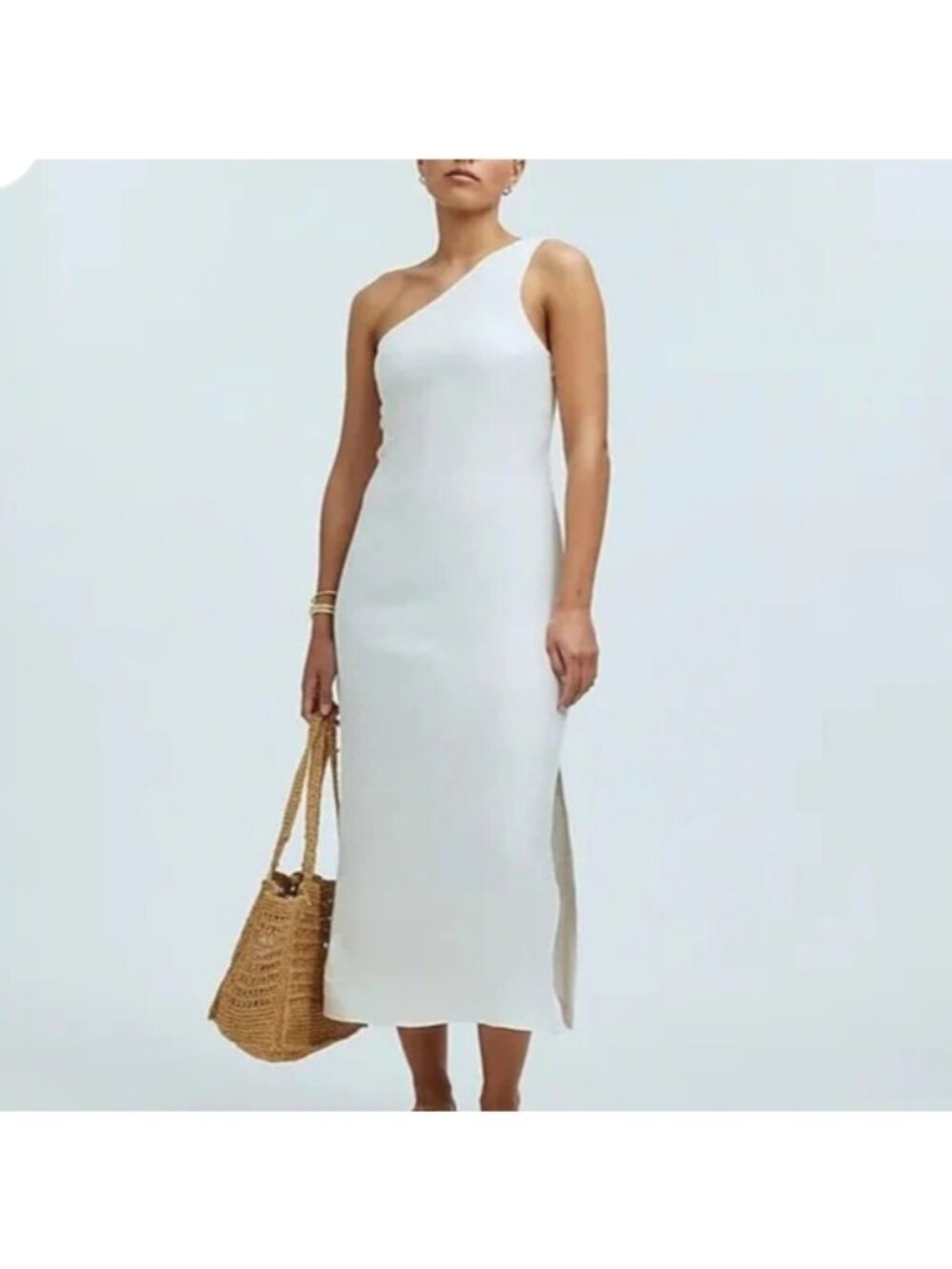 Madewell Dress One Shoulder Linen Blend Midi Size 2 New White Travel Beachy